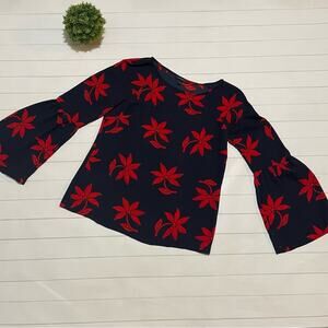 Banana Republic Navy Blue Red Bold Floral Bell sleeve Top Blouse Women’s Small